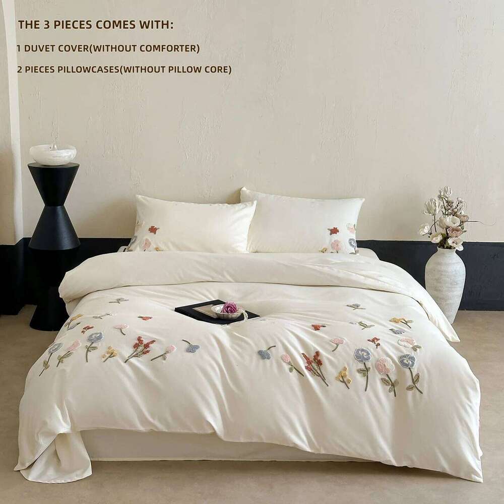 3-Piece Sheet with Flower Embroidery Duvet Cover Set, Comfortable Bedding Set Bedspread for All Seasons H260311