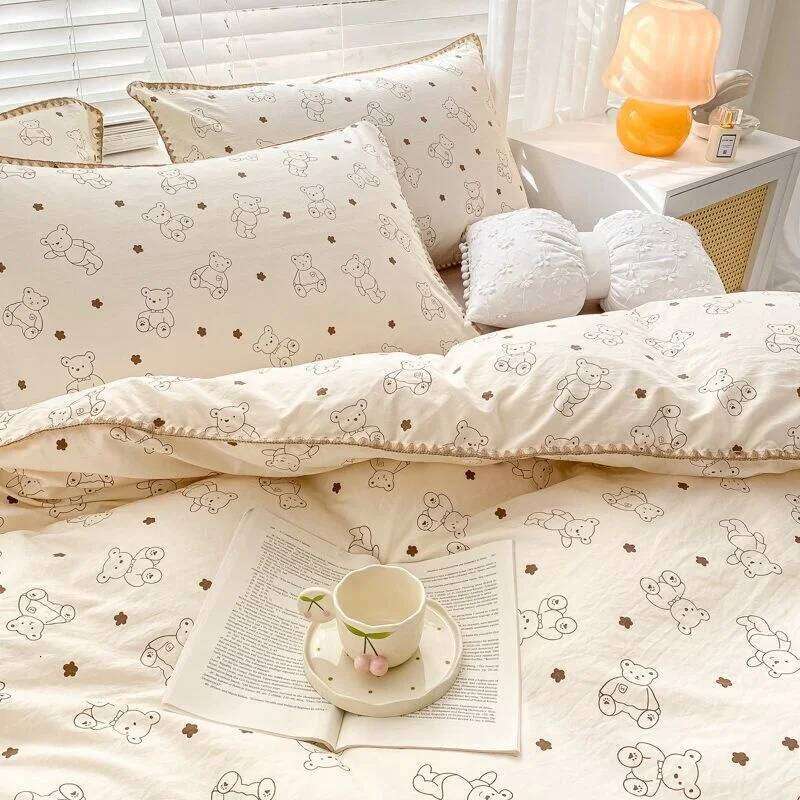 Cute Cartoon Bear Bedding Set Simple Duvet Cover Cotton Linens Bed Sheets Pillowcase Single Double For Kids Decor Home H260311