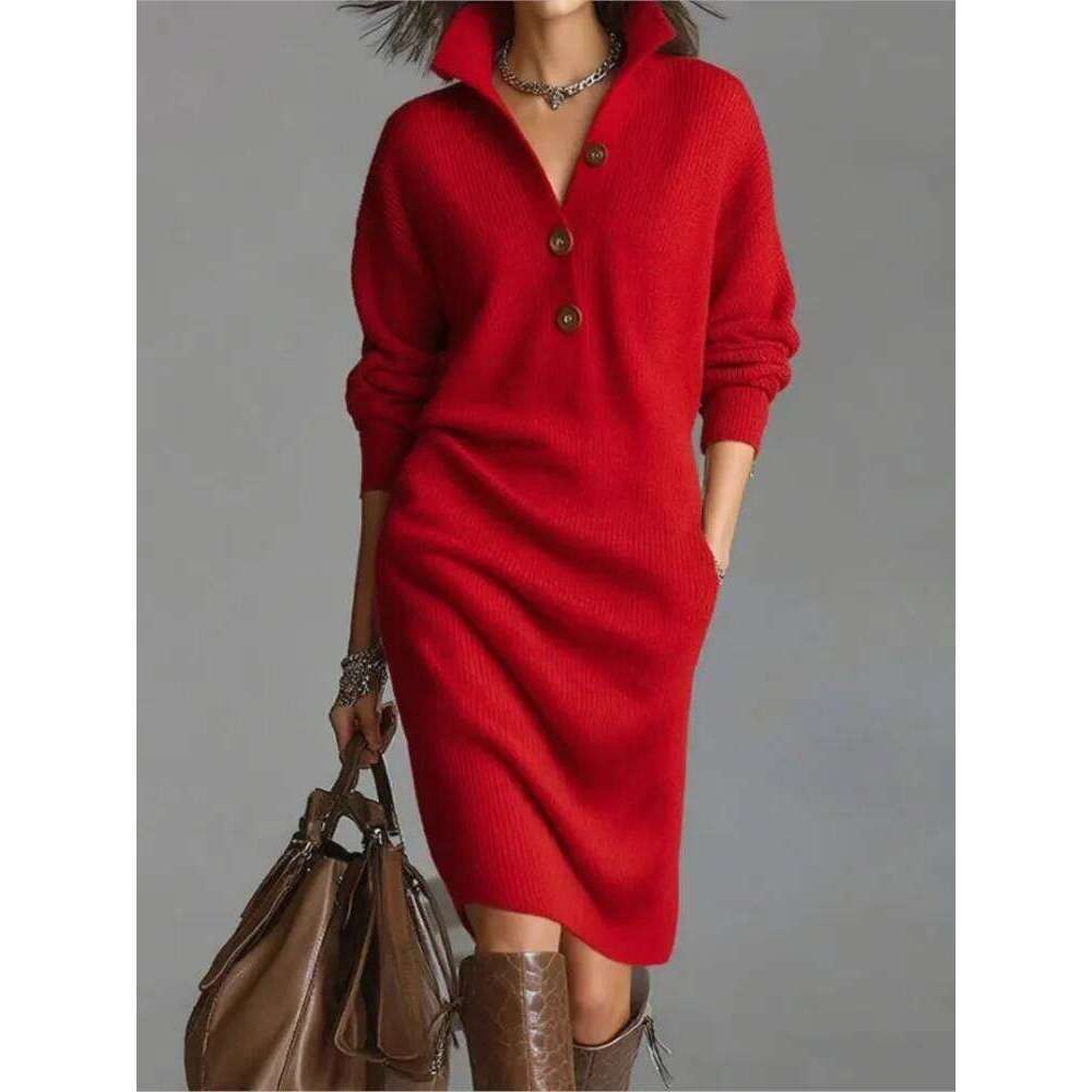 Autumn Fashion Knitted Button Lapel Women Dress Casual Loose Pocket Lazy Straight Over The Knee Long Sleeve Sweater FemaleDress Z260311
