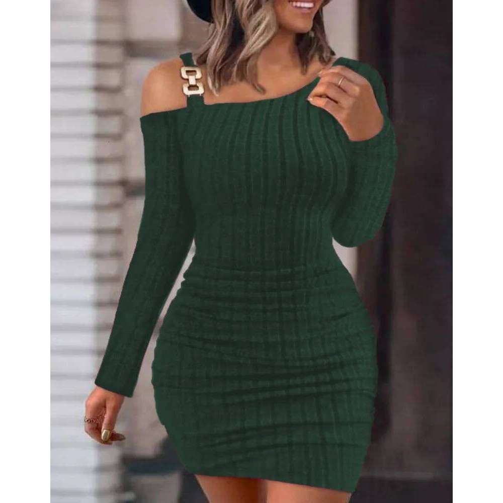 Sexy Chain Off Shoulder Mini Dress Autumn Fashion Bodycon Long Sleeve Dresses For Women Winter Skinny Knitted Vestidaos Z260311