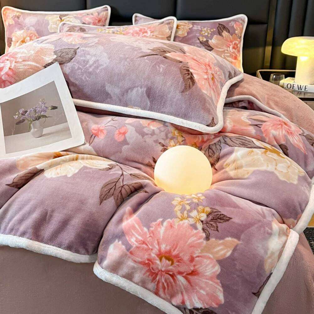 Floral Printed Winter Warm Bedding Milk Velvet Bed Sheet Double Queen Thickened Duvet Cover Pillowcase Four Piece Set H260311
