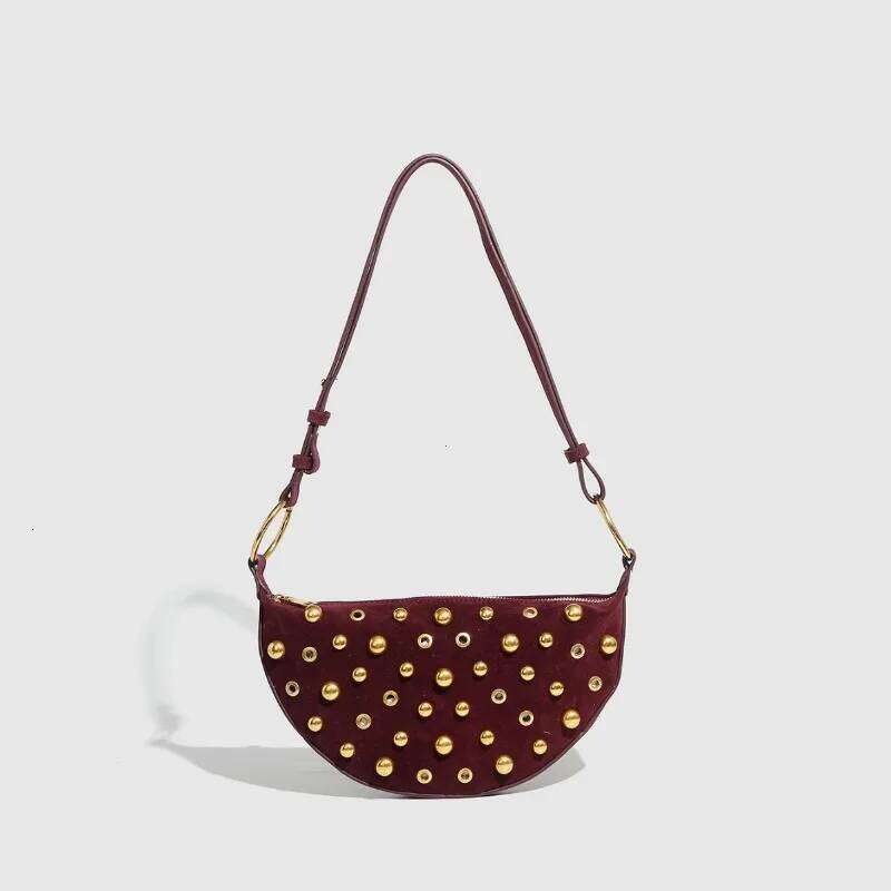 Designer Studded Crescent 2025 New Women Metal Underarm Bag High-end Retro Rivet Polka Dot Shoulder Bags XJ260311