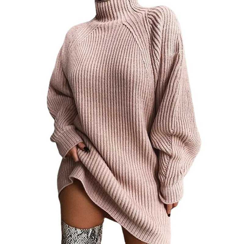 Autumn Winter New Simple Solid Color Mini Knitted Dresses Women Casual Loose Half Turtleneck Long Sleeve Pullover Sweater Dress M260311