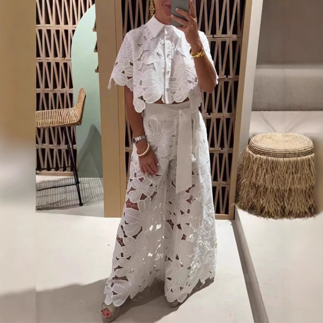 Summer New Solid Color Sexy Hollow Open Top Wide Leg Pants Two Piece Set for Women Holiday Outfits 250811