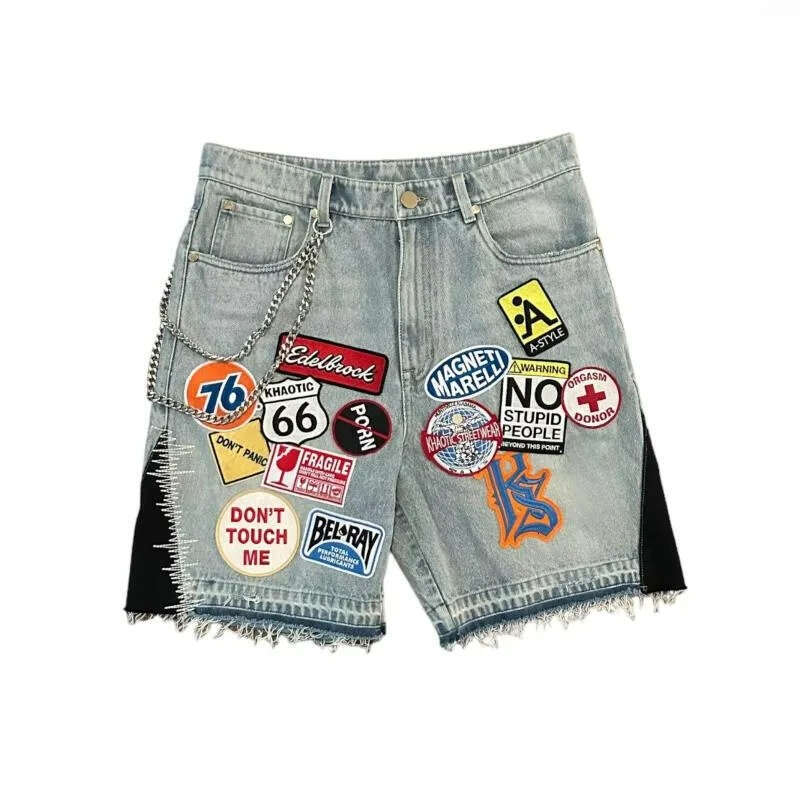 Men's Shorts Vintage Washed Rhinestone Denim Jeans Hip Hop Letter Embroidery Sequin Shiny Baggy Short Low Waist Over The Knee Pant Men's Clo