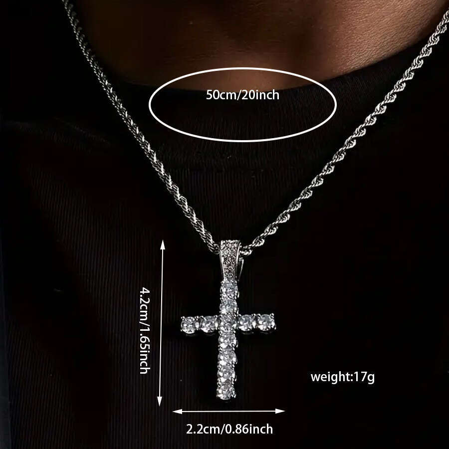 Men's Cross Pendant Necklace American Hip Hop Iced Out Zircon Cross Rope Chain High End Casual Silver Plated Jewelry