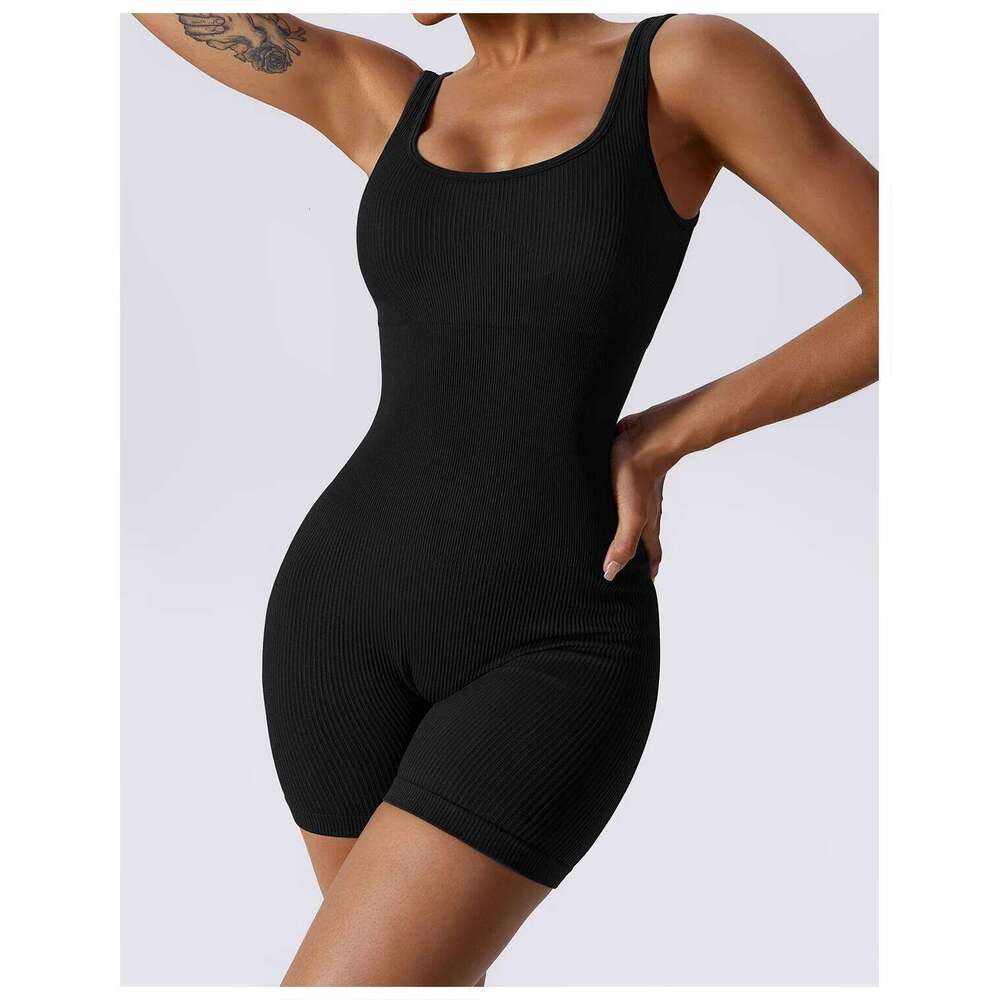 Seamless Square Neck Threaded Shorts Jumpsuit Fitness Beauty Yoga Quick Drying Breathable Tight Fitting Clothes for Women 26H0311