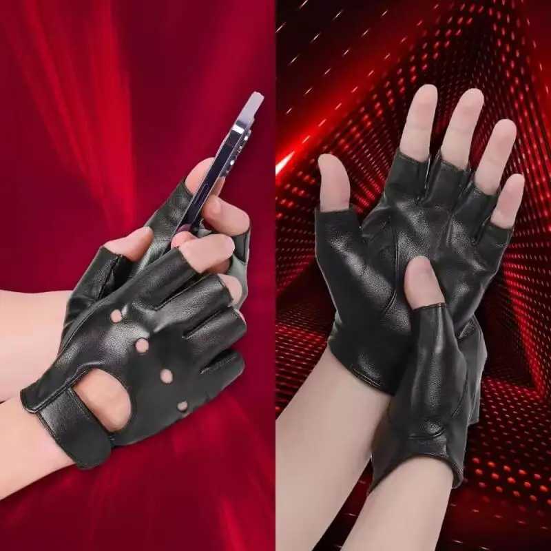 Punk Dark Style Street Dance Half Finger Gloves for Men PU Soft Leather Motorcycle Riding Gloves Trendy Breathable Cool Gloves M260311