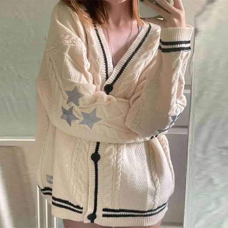 New Women Winter Loose Knitted Cardigans Coat Star Embroidery Y2K Sweaters Streetwear Vintage Casual Single Breasted