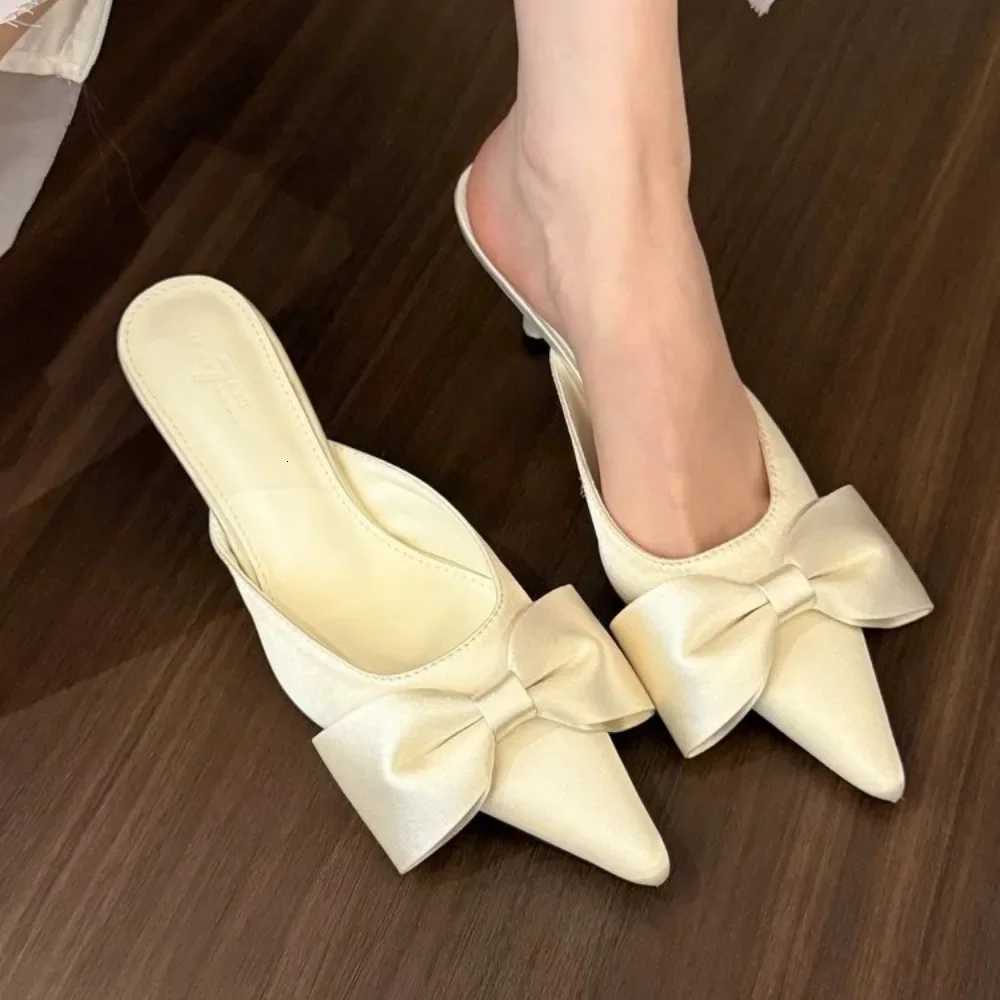 New Bowtie Mule Shoes Slides Women Pointed Toe Stripe Wave Slip-on Sandals Ladies Satin Silk Outdoor Flat K260311