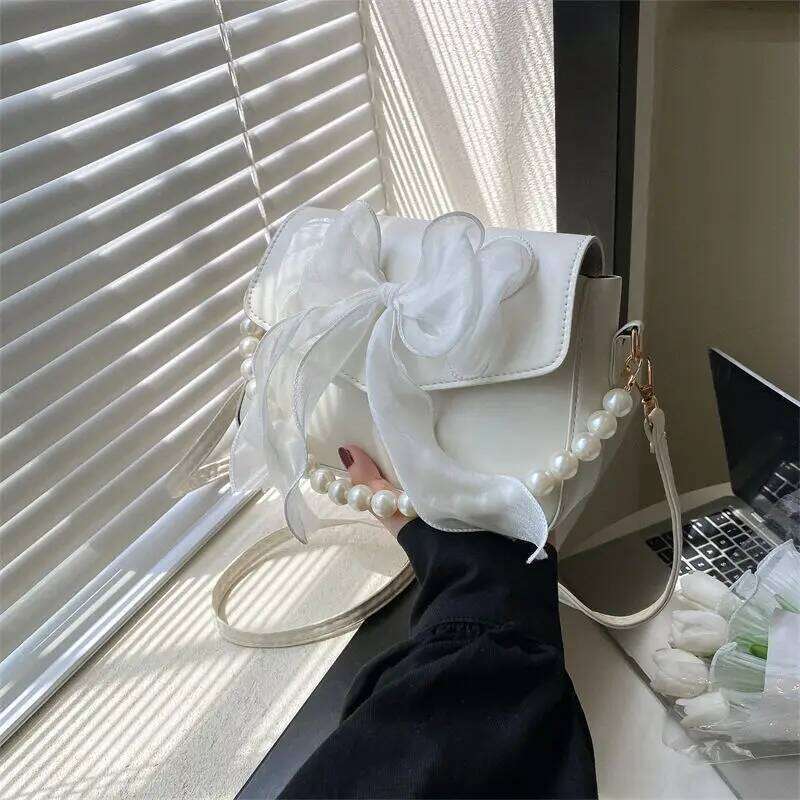 Pearl Lace Bow Collocation PU Leather Small Bags for Women Daily Use Handbag Shoulder Cross Body Bags, Teen Girls Phone Pouch XJ260311