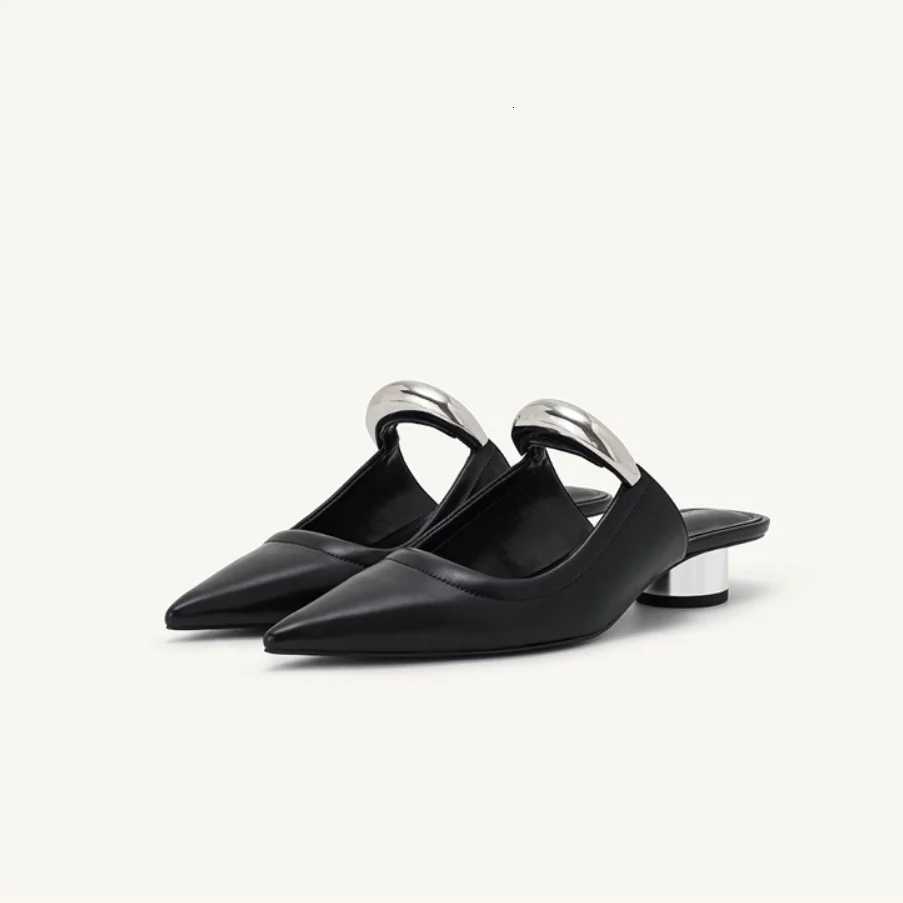 2024 Womens new pointed toe thick heel leather slippers metal toe sandals banquet slippers K260311
