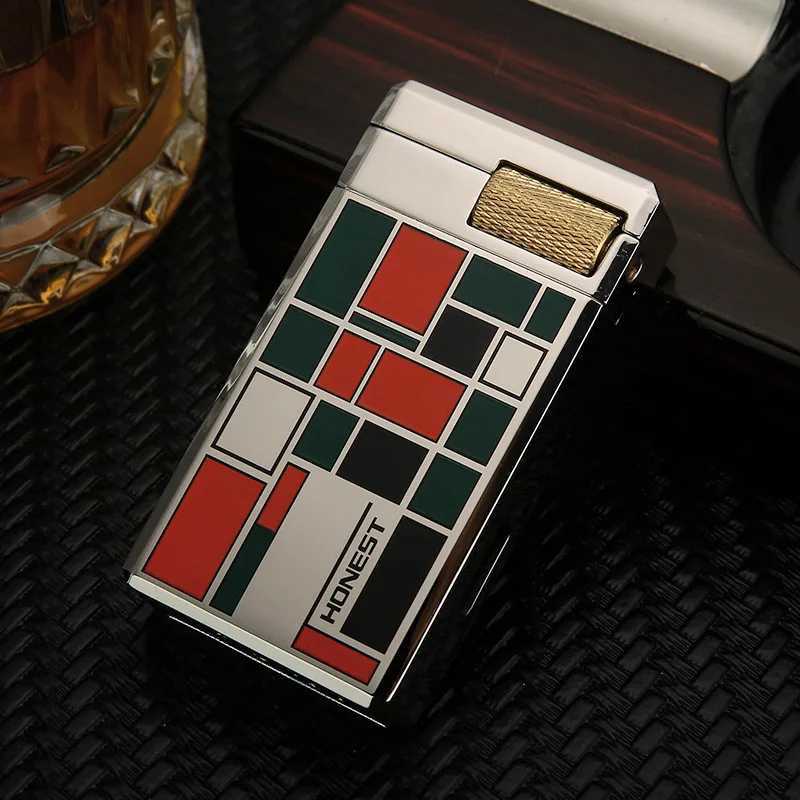 HONEST Double Happiness Metal Cigar Cutter Dual Fire Direct Lighter Personalized Windproof Visible Gas Chamber Cigarette Lighter N260311