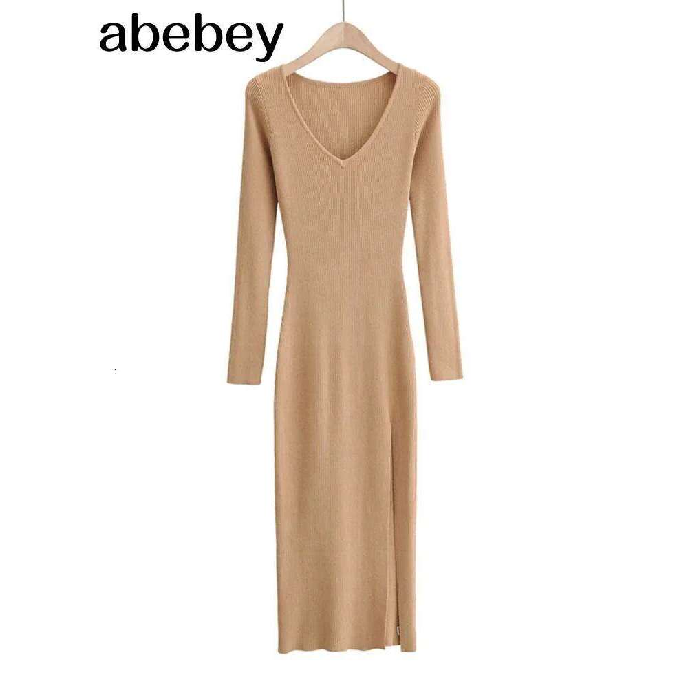 2026 New Basic Fashion Women Elastic Solid Elegant V Neck Sweater Sleeve Ladies Side Open Midi Long Dress Z260311