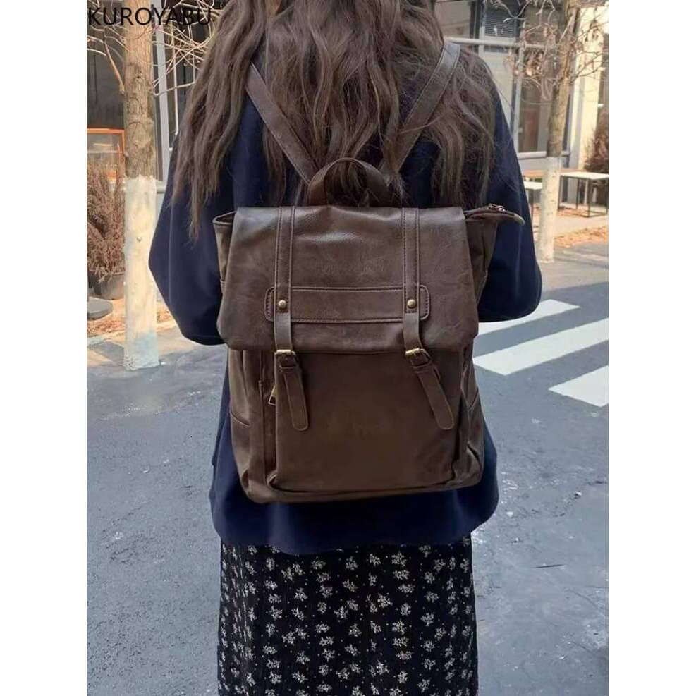 Vintage Brown Jk Backpacks Women High Street Preppy Style Pu Leather Backpack Ladies Harajuku Casual School Bag Fashion Y2k Bags
