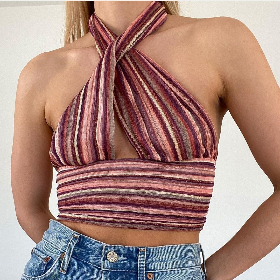 2022 spring / summer womens back striped Halter tie sexy mesh top 210712