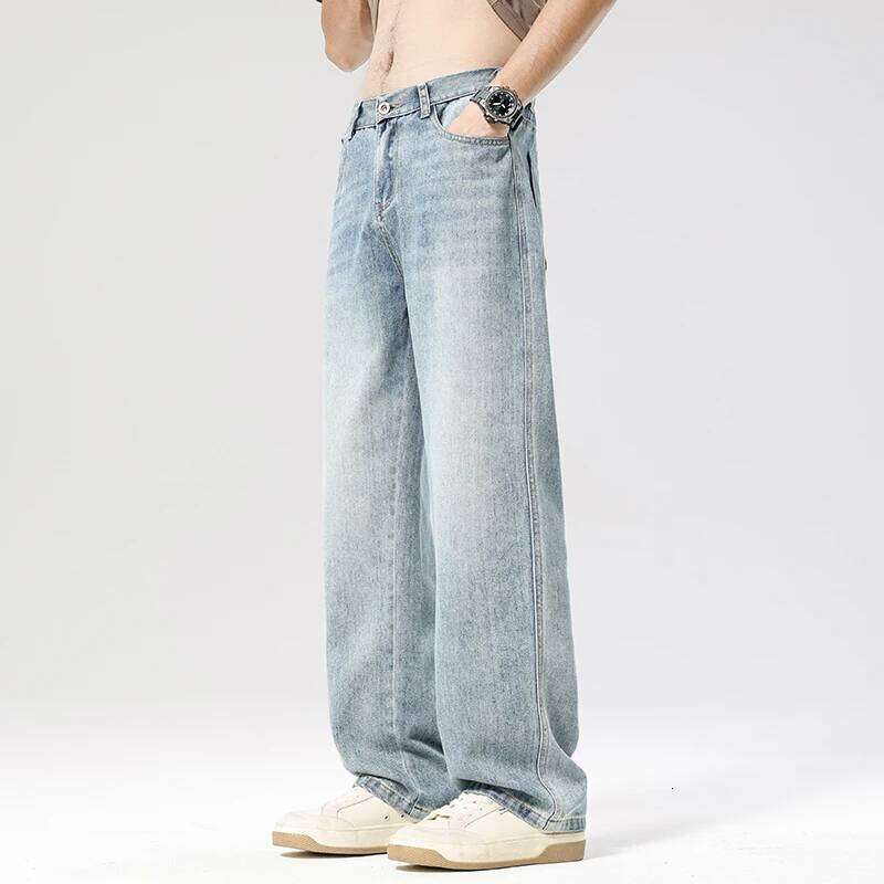 Autumn Casual Men's Straight Jeans Fashion Loose Vintage Elastic Waist Trousers Light Blue Personality Wide Pants Denim Male Z260225