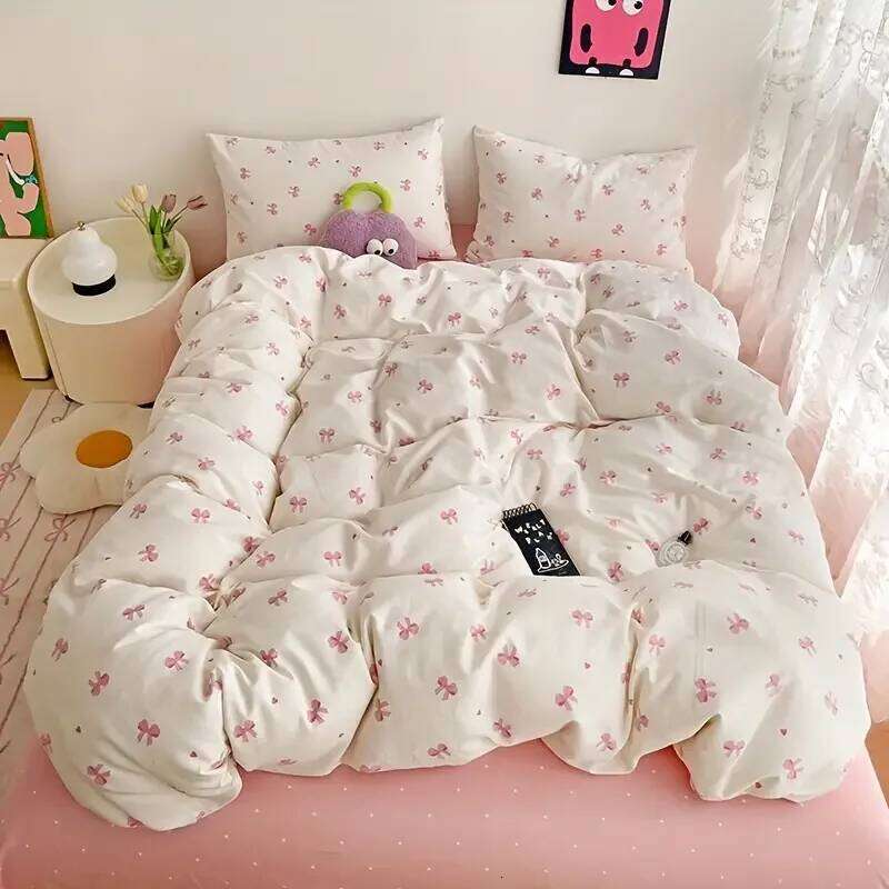 3pcs Pink Bow Duvet Set with 2 Pillowcases, Cozy and Breathable Quilt Cover Suitable for All Seasons H260311
