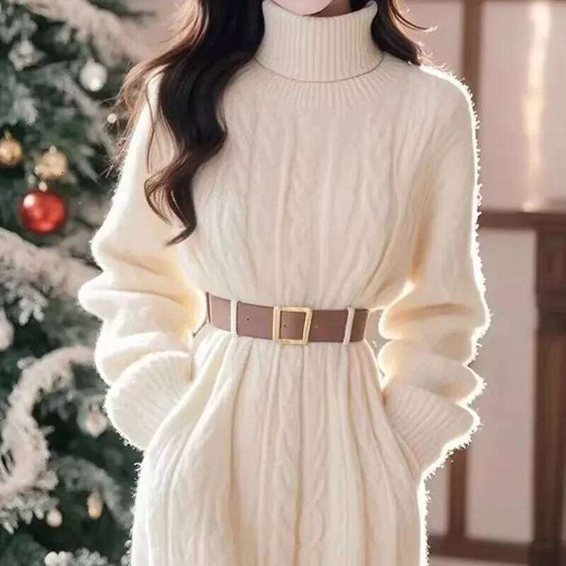 High Collar Strand Knitted Dresses Women's Chic Y2K High-End Sense Medium Wear Sweater Base Long Dress 2025 Autumn Winter New Z260311