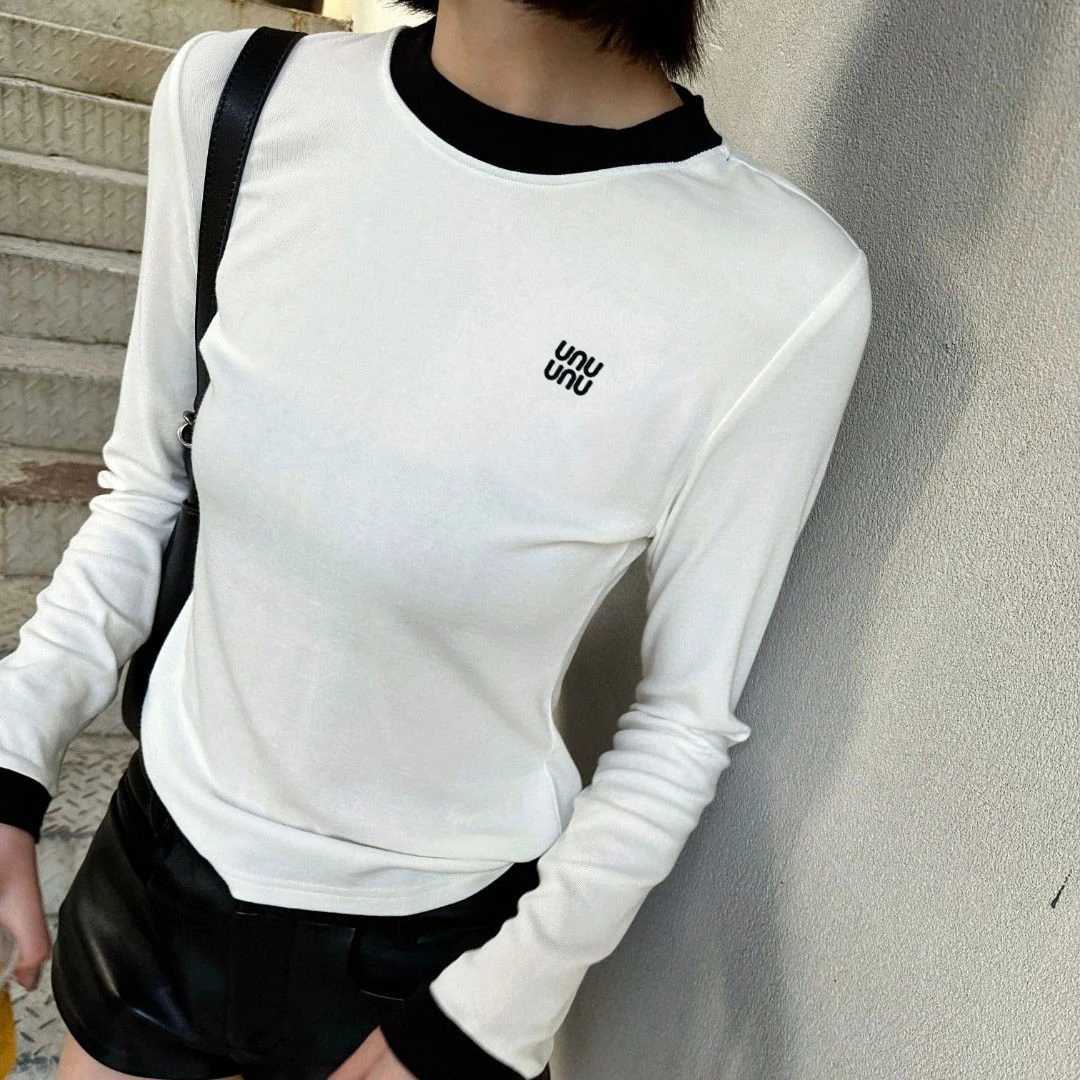 2025 Autumn/Winter New Womens Embroidered Contrast Round Neck Long Sleeve T-shirtT260311