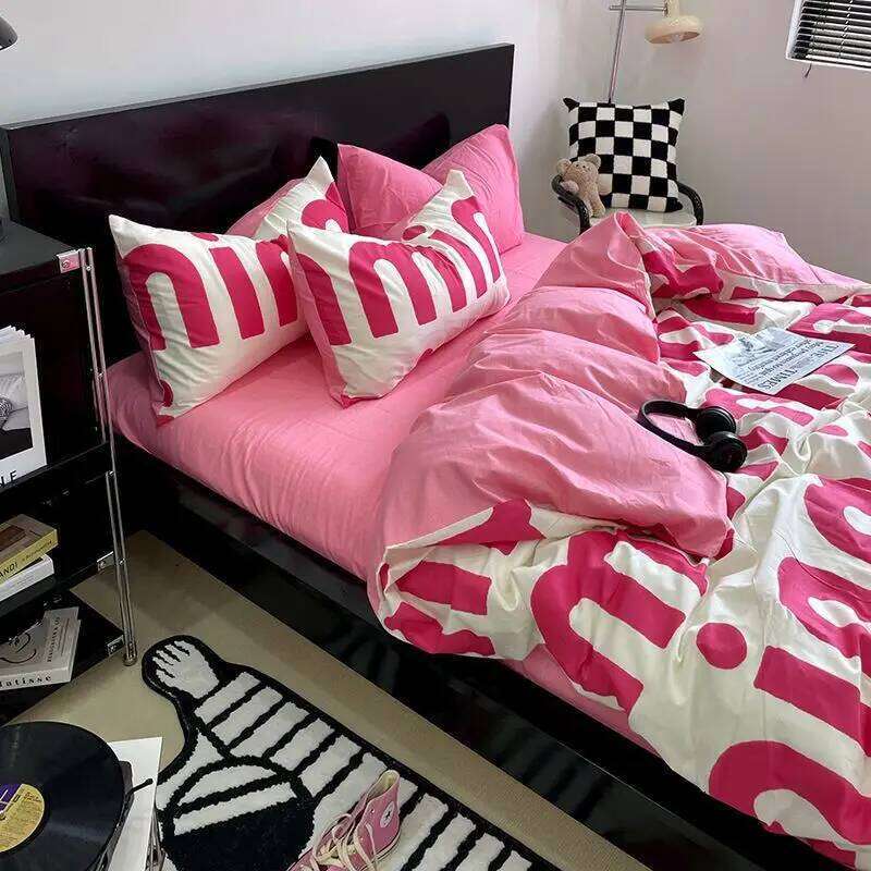 Korean Style Pink Letter Bedding Set Flat Sheet Pillowcase Twin Full Queen Size Bed Linen Women Girls Duvet Cover No Filling H260311