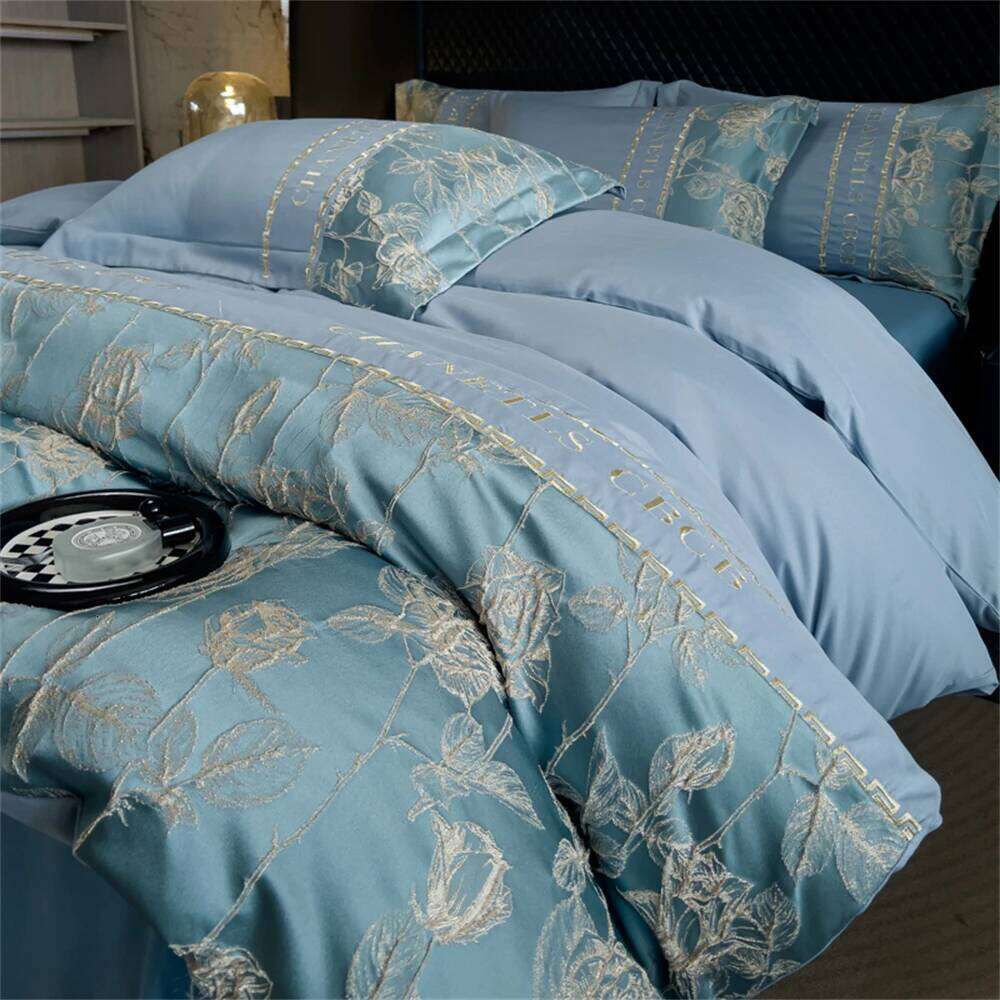 Embroidery Bedding Satin Jacquard Soft Comforter Four Piece Bed Linen Pillowcase Duvet Cover Set Queen King Home Textile H260311