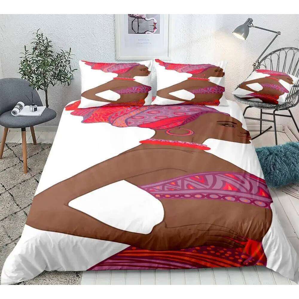 African Woman King Queen Duvet Retro Exotic Tribal Black Girl Pattern Bedding Set Africa Polyester Quilt Cover Pillowcase H260311
