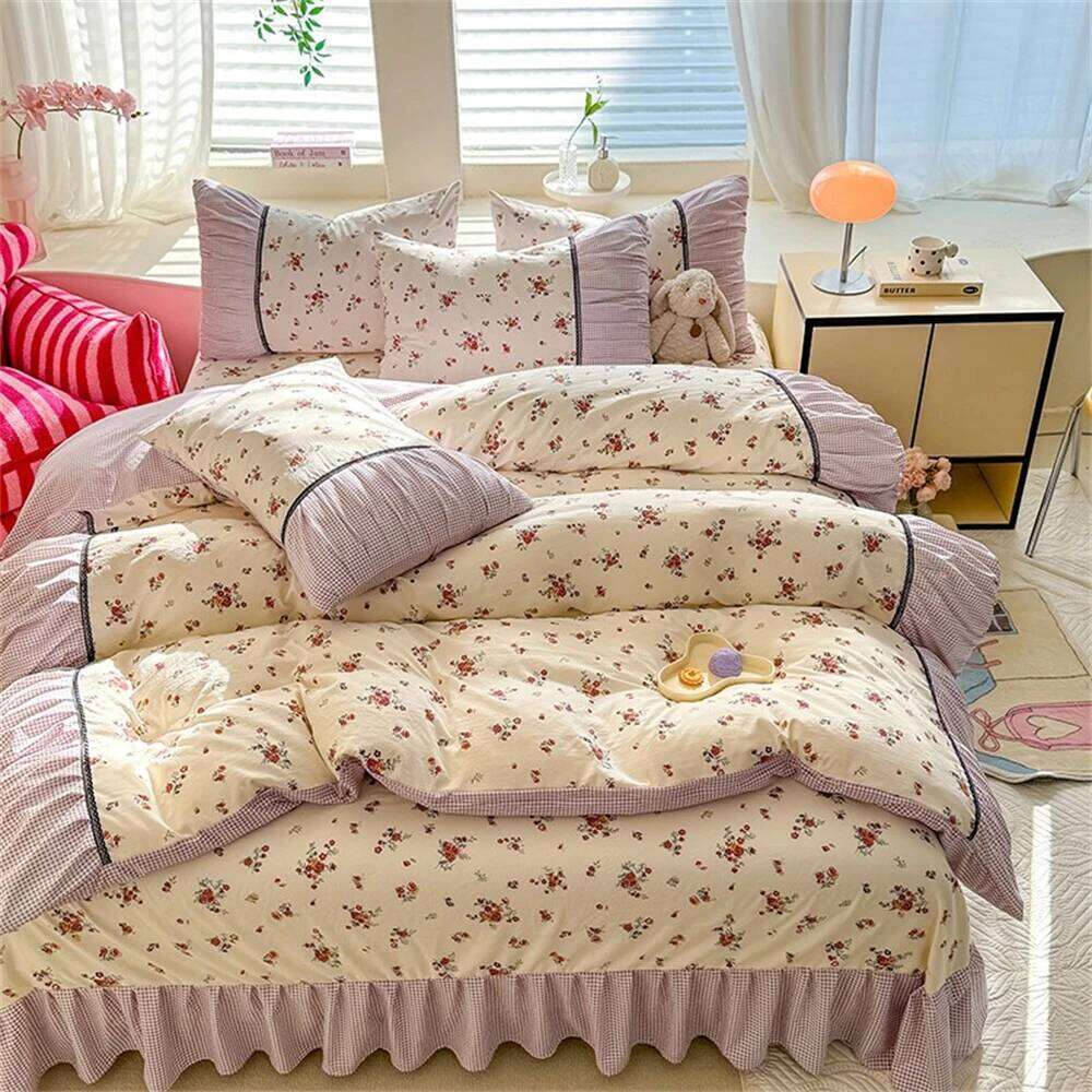 Korean Comforter Bedding Washed Cotton Four-Piece Princess Printed Soft Bed Linen Duvet Set Floral Quilt Cover H260311