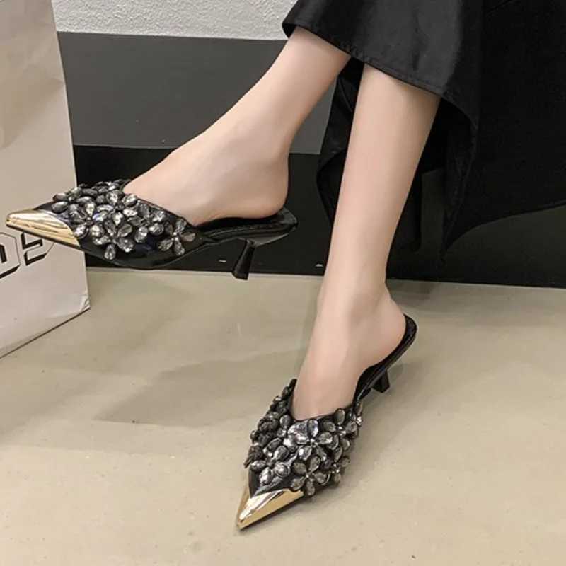 Pointed Toe Stiletto High Heel Baotou Half Drag Summer New Rhinestone Flower Fairy Wind Metal Head Cold Outside Wear K260311