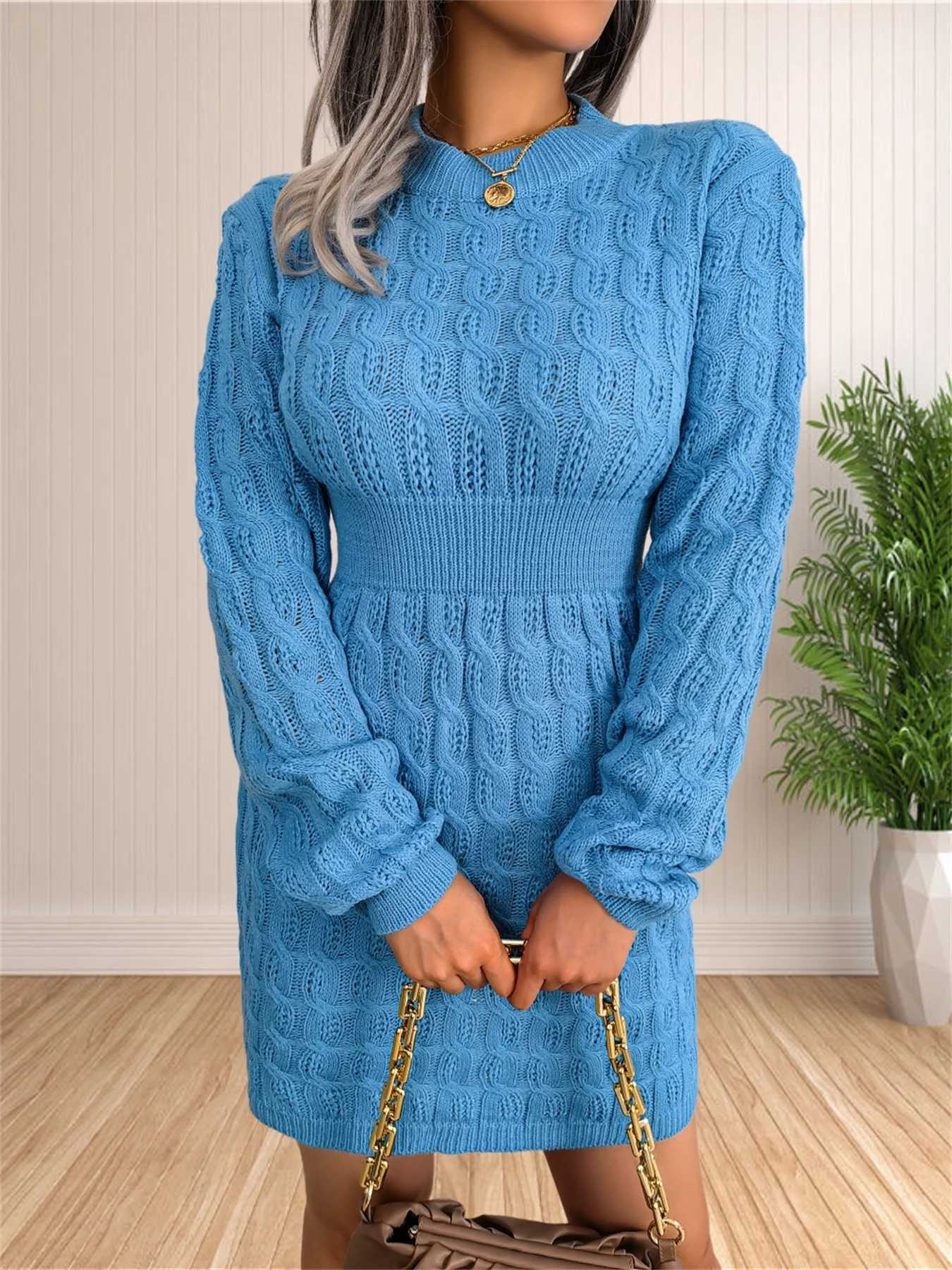 Women Skirt Sweater Dress Solid Color Long Sleeve Knit Pullover Sweater Bodycon Crewneck Autumn Winter M260311