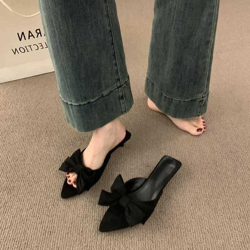 Bow - Decorated Pointed - Toe Mules Multi - Color Suede Casual Stylish K260311