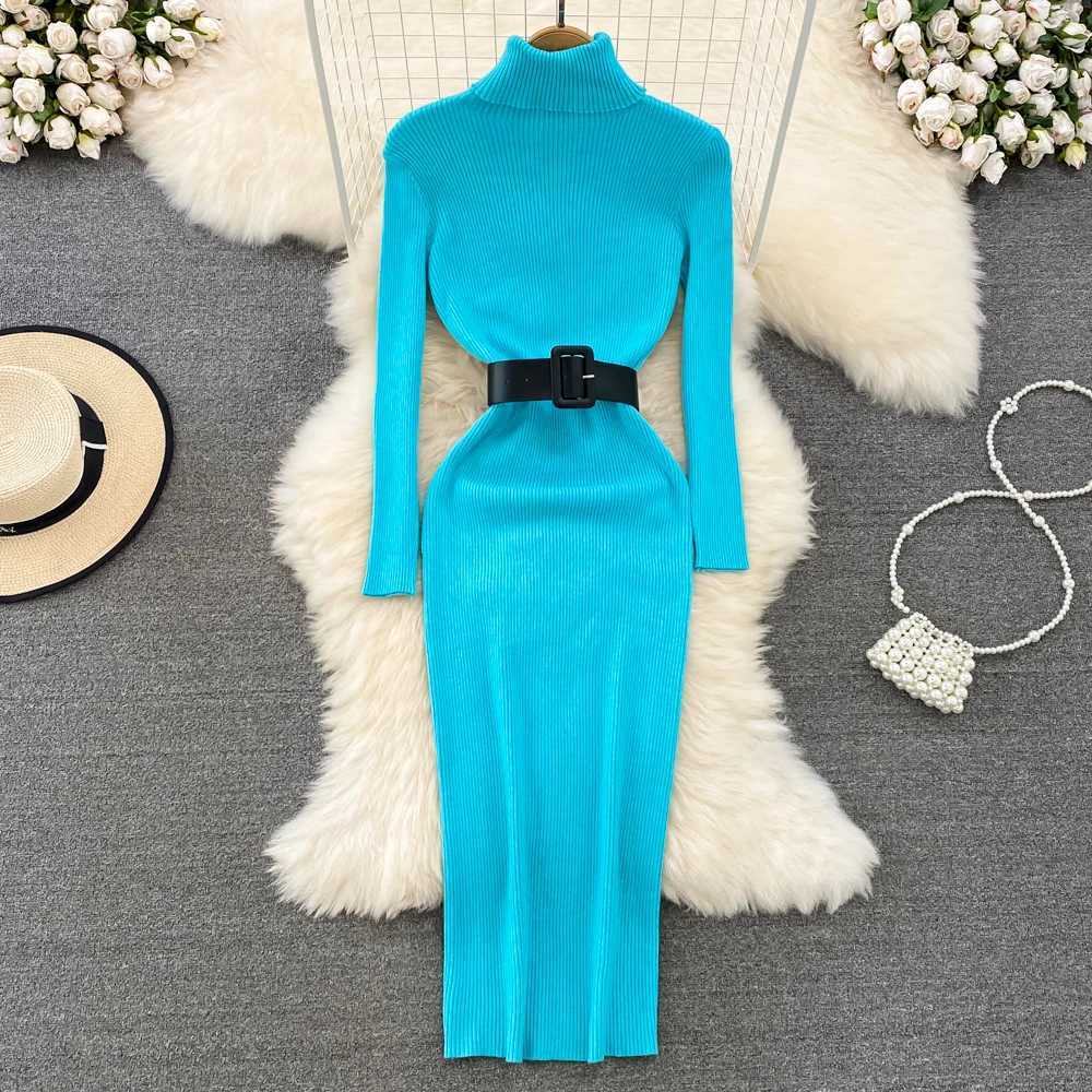 REALEFT Autumn Winter 2025 New Turtleneck Womens Knitted Dresses with Belted Long Sleeve Elegant Bodycon Wrap Dress Female M260311