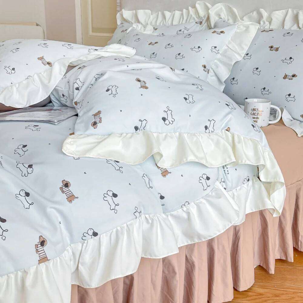 Princess Style Bedding Lace Bed Skirt Small Floral Print Soft Cotton Fabric Four Piece Set Skin Friendly Nude Sleeping Sheet H260311