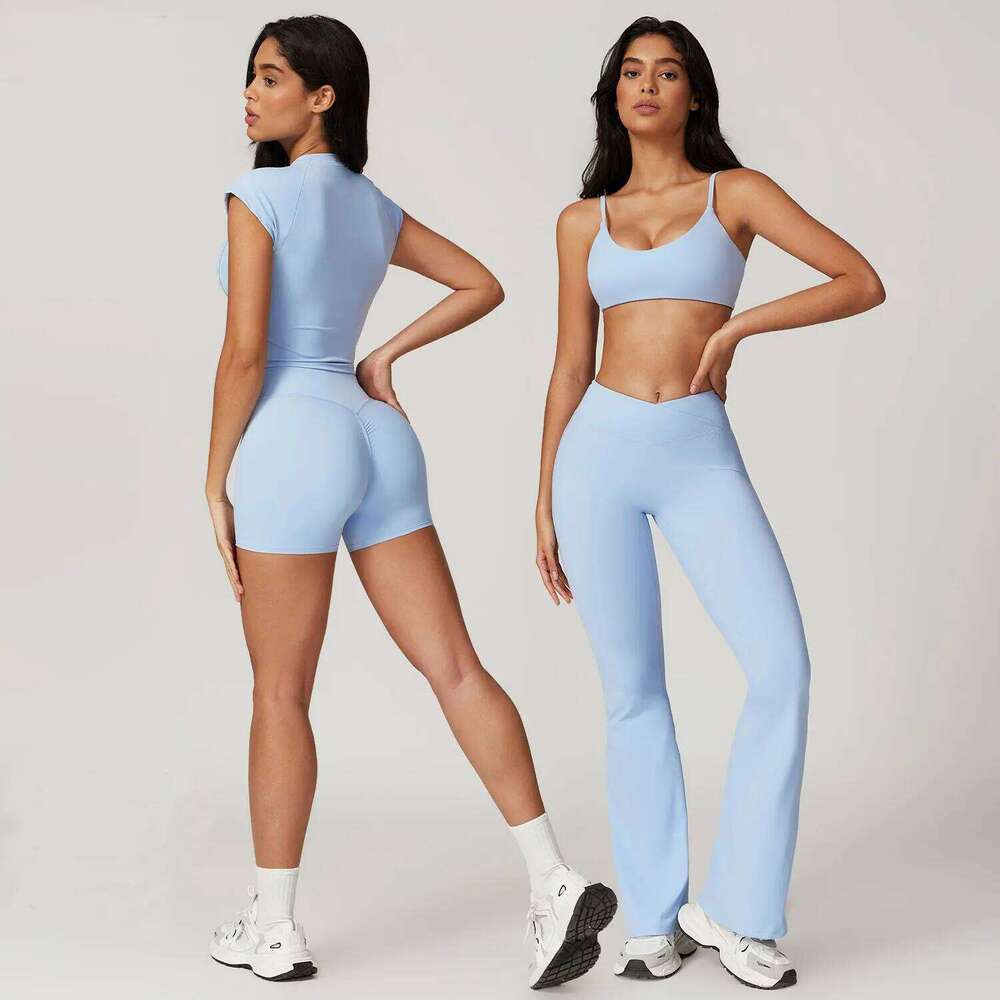 Women Sportswear Yoga Set 2PCS Sport Suit Workout Clothes Short Sleeve Gym Crop Top High Waist Leggings Fitness Sports Wear 26H0311