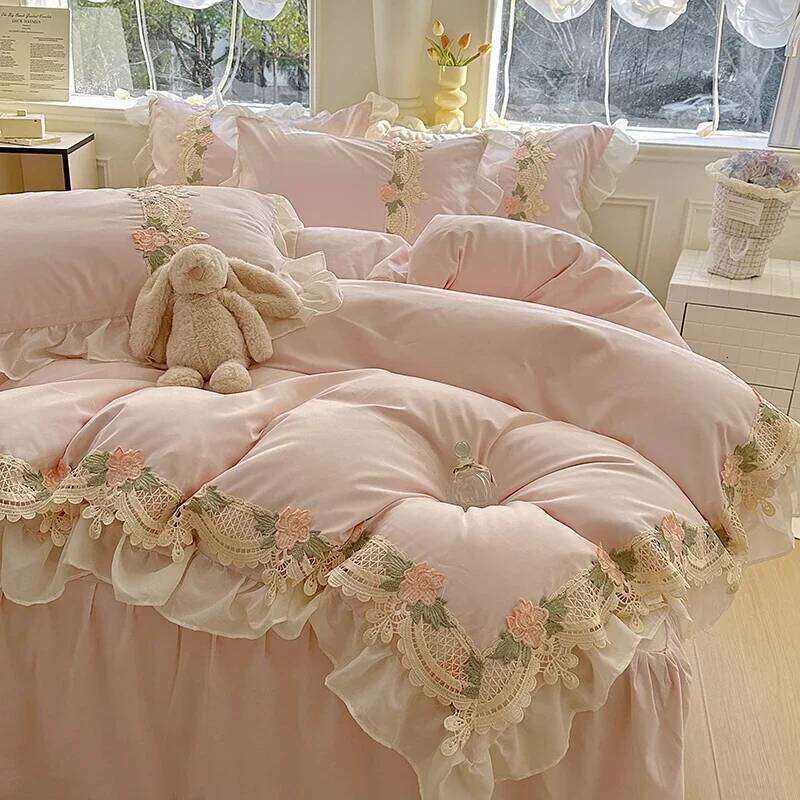 Korean Princess Style Flowers Lace Ruffles Duvet Covers Bed Skirt/Fitted Sheet Pillowcase Bedding For Girls Home Textiles H260311