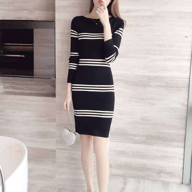 Autumn and Winter Mid-length Knitted Dress Slim Waist Striped Hip-hugging Pullover Sweater Bottoming Skirt for Women Z260311