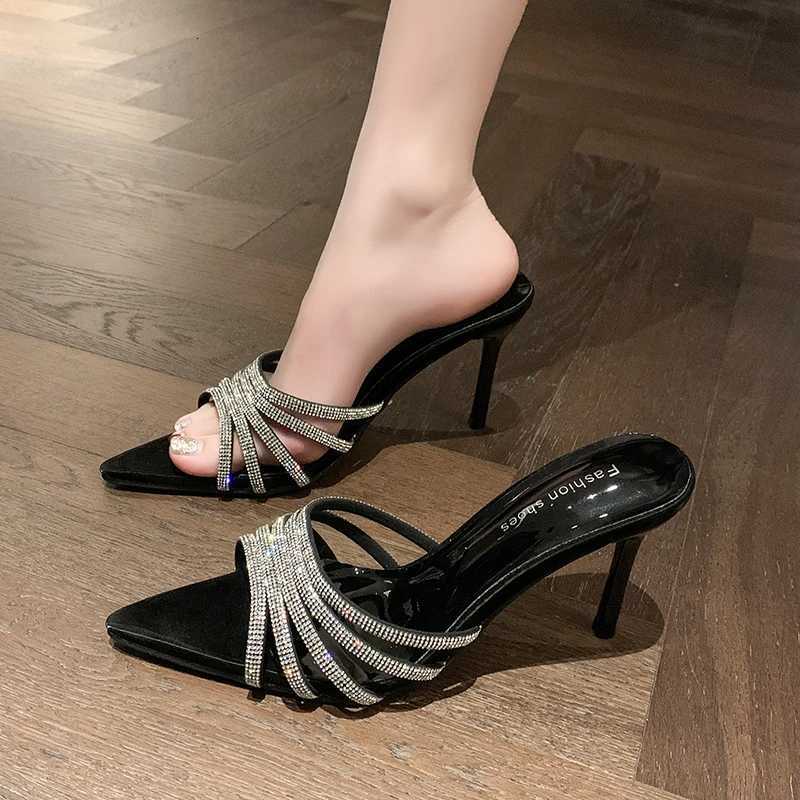 Sexy High Heels Slipper Women Summer Fashion CRYSTAL Narrow Band Pointed Toe Slides Stripper Party Sandal Mule Shoes K260311