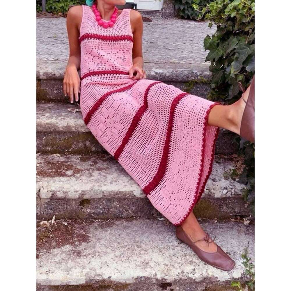 Casual Hollow Knitted For Women Fashion O-neck Sleeveless Contrasting Striped A-line Long Dress Spring Summer New Style Z260311