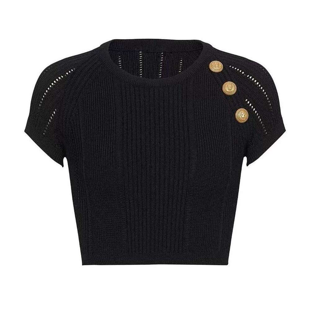 SML High Quality Three Color Fashion Elastic Knitted Solid Shoulder Button Sleeve Pullover Short Slim Fit Women's Top