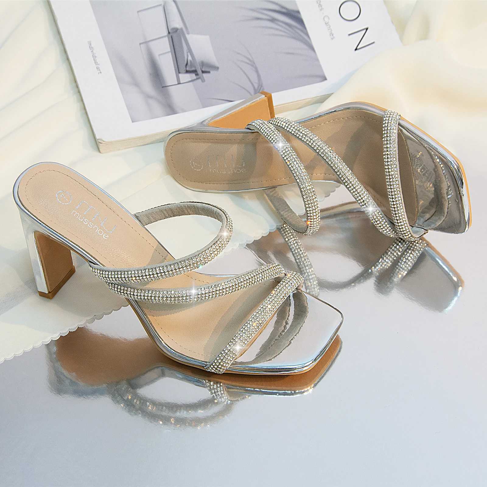 Womens Sparkling Square-Toe High-Heel Sandals Chunky Heel Mules Womens Shoes for Spring Summer and Fall K260311