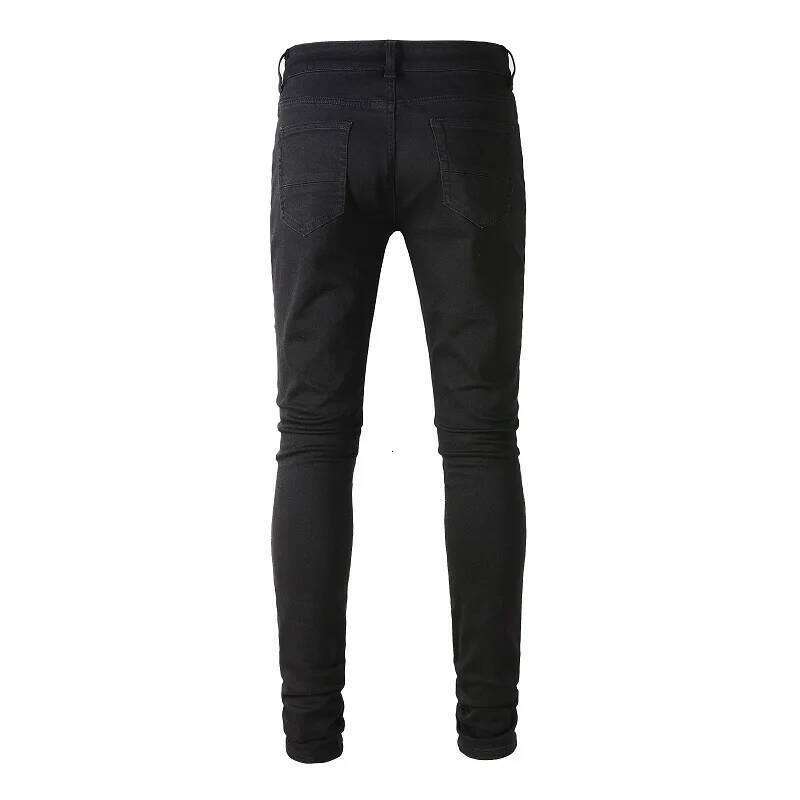 Men Crystal Stretch Denim Jeans Holes Ripped Black Cotton Pants Streetwear Skinny Tapered Trousers Z260225