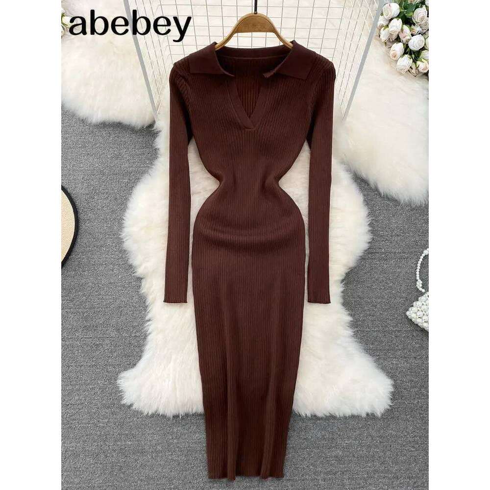 Women Korean Knitted Long Sleeve V Neck Elastic Slim Pencil Dresses 2026 Autumn Sexy Bodycon Sweater Dress Z260311