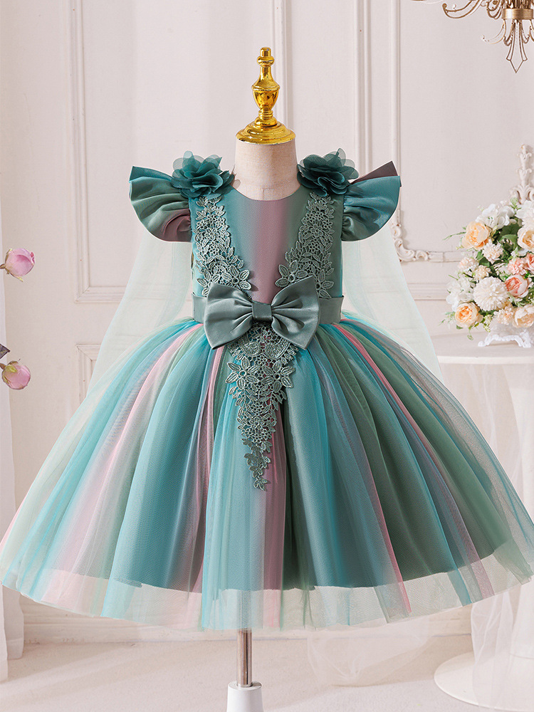 Girls Toddler Green Rainbow Tulle Princess Dress Kids Lace Bow Back Wedding Party Gown Children Formal Evening Prom Dress for Birthday Pageant Photo S
