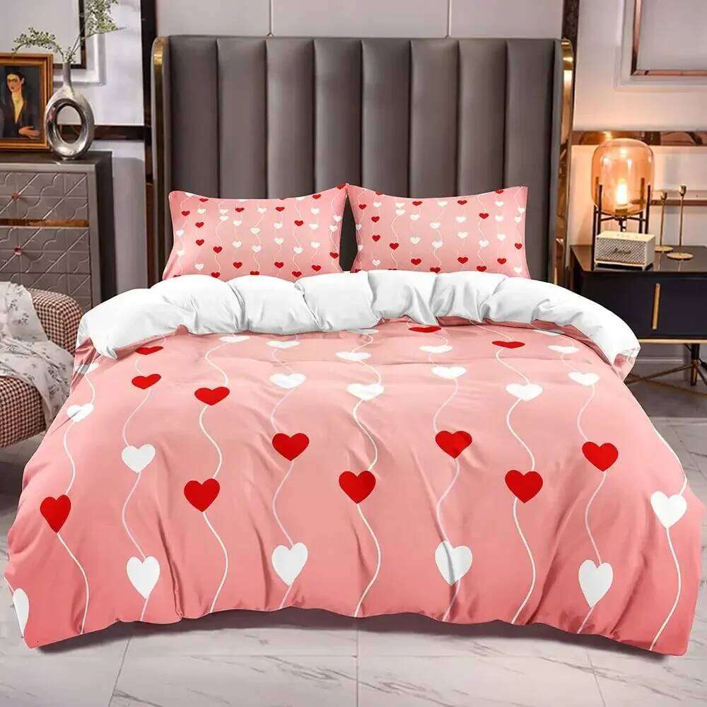 Love Heart Bedding Set Simple Plaid Duvet 200x200 Pillowcase Single Double Queen King Nordic Couple Bed Cover Bedclothes H260311