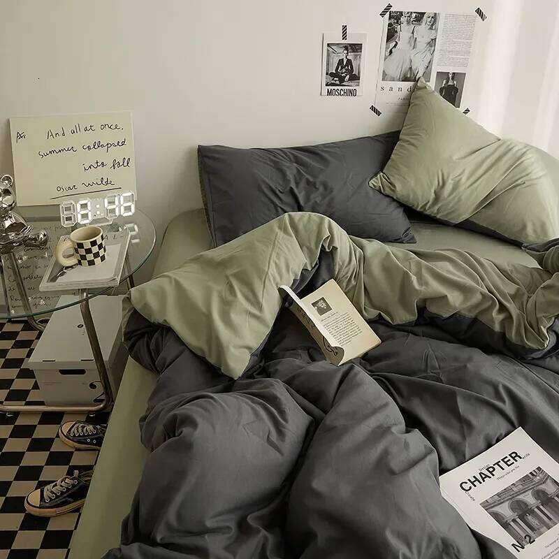 Solid Grey Matcha Color Bedding Adults Kids Twin Full Queen Size Flat Sheet Duvet Cover Set Pillowcases Simple Bed Linen H260311