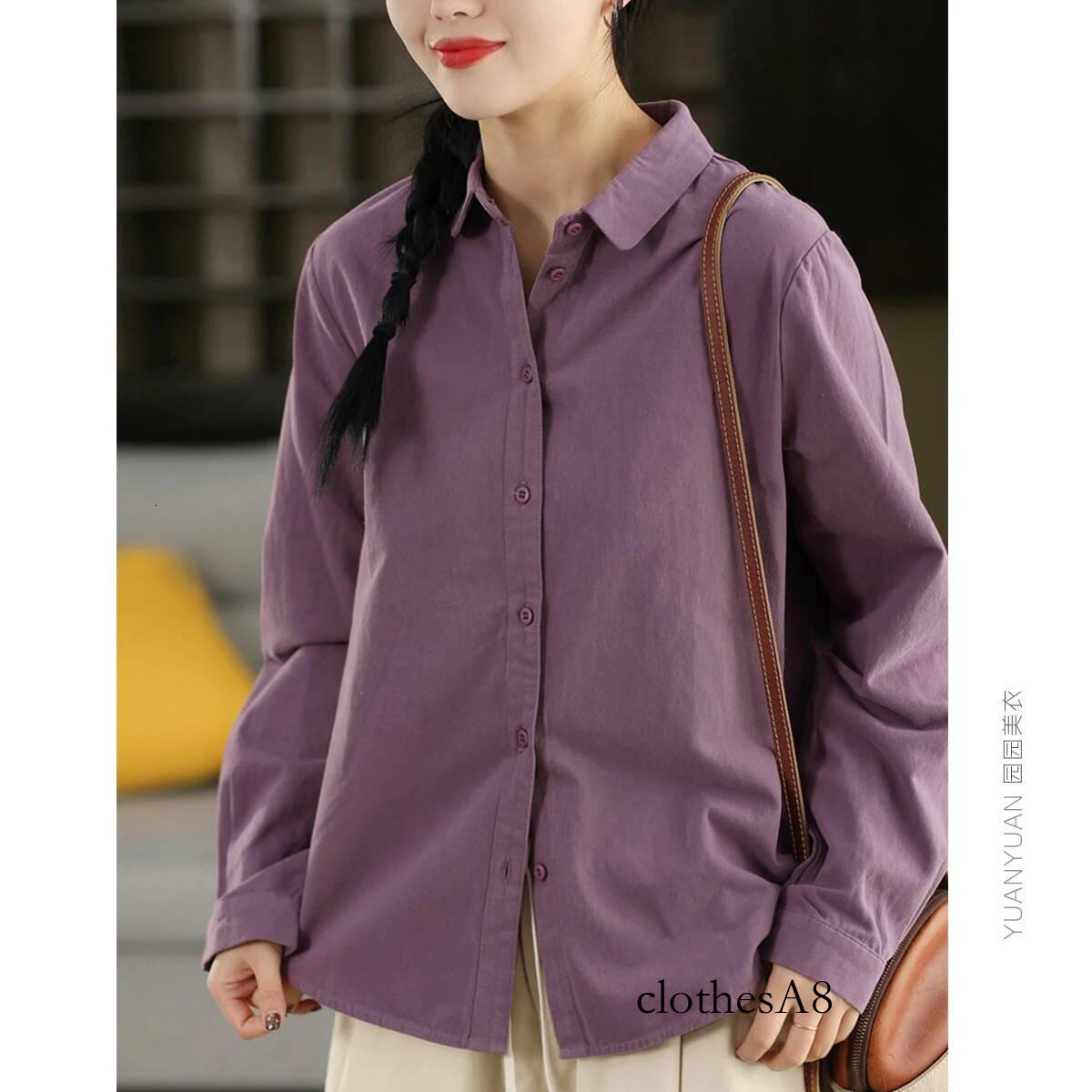 Retro Pure Cotton Long Sve irt Women's Spring Sle Loose Fit Color Casual Top Breathable Comfortable Skin-Friendly