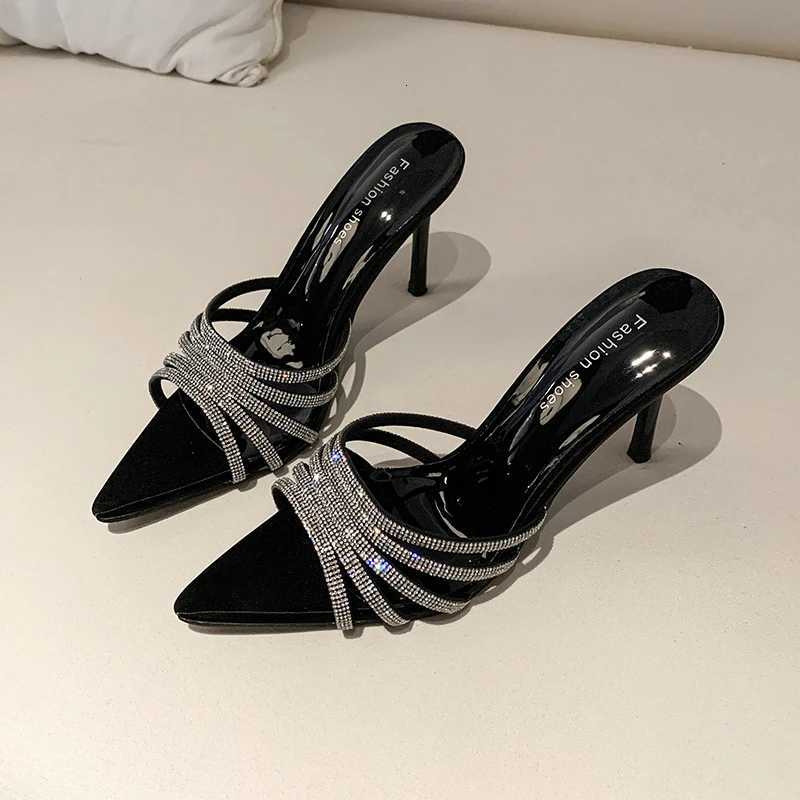 Sexy High Heels Slipper Women Summer Fashion CRYSTAL Narrow Band Pointed Toe Slides Stripper Party Sandal Mule Shoes K260311