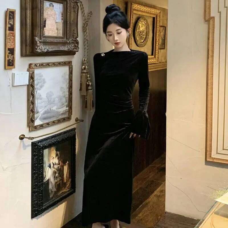 Internet Celebrity High-end Velvet Light-mature Temperament High-waisted Slim Burgundy Fishtail Dress Z260311