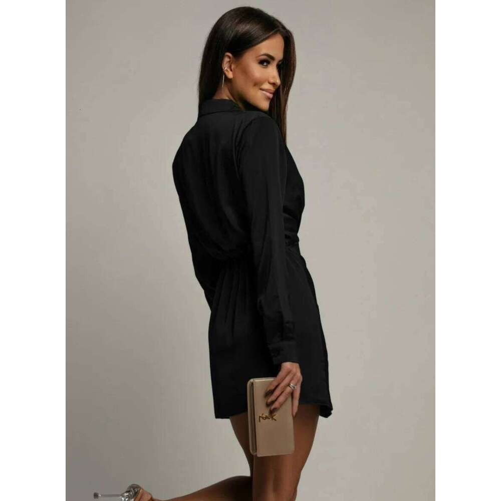 Sophisticated Satin Shirt - Elegant Fitted Mini Dress with Long Sleeves & Collar Perfect for Evening Events Z260311