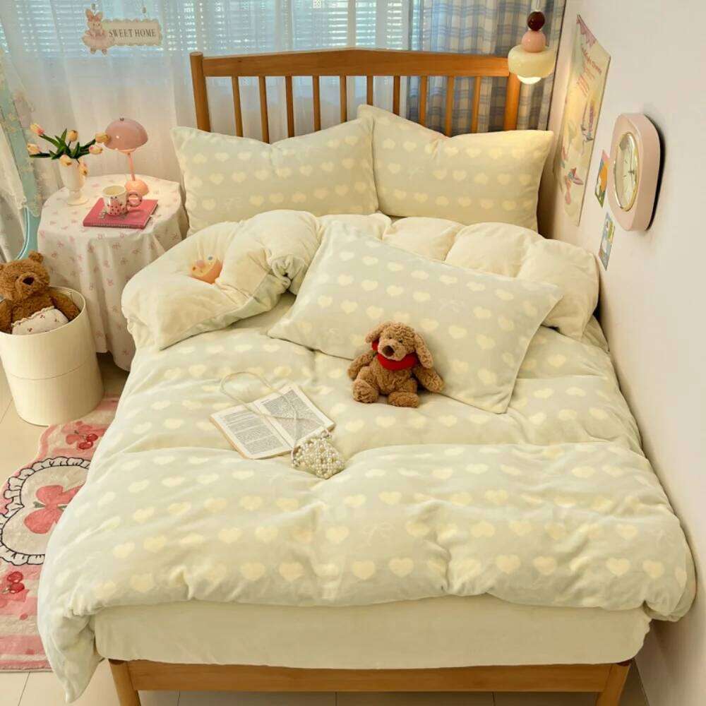 Print Thicken Milk Coral Fleece Bedding Winter Comforters Warm Bedroom Decor Quilt Cover Bed Sheet Pillowcase Four-Piece Set H260311